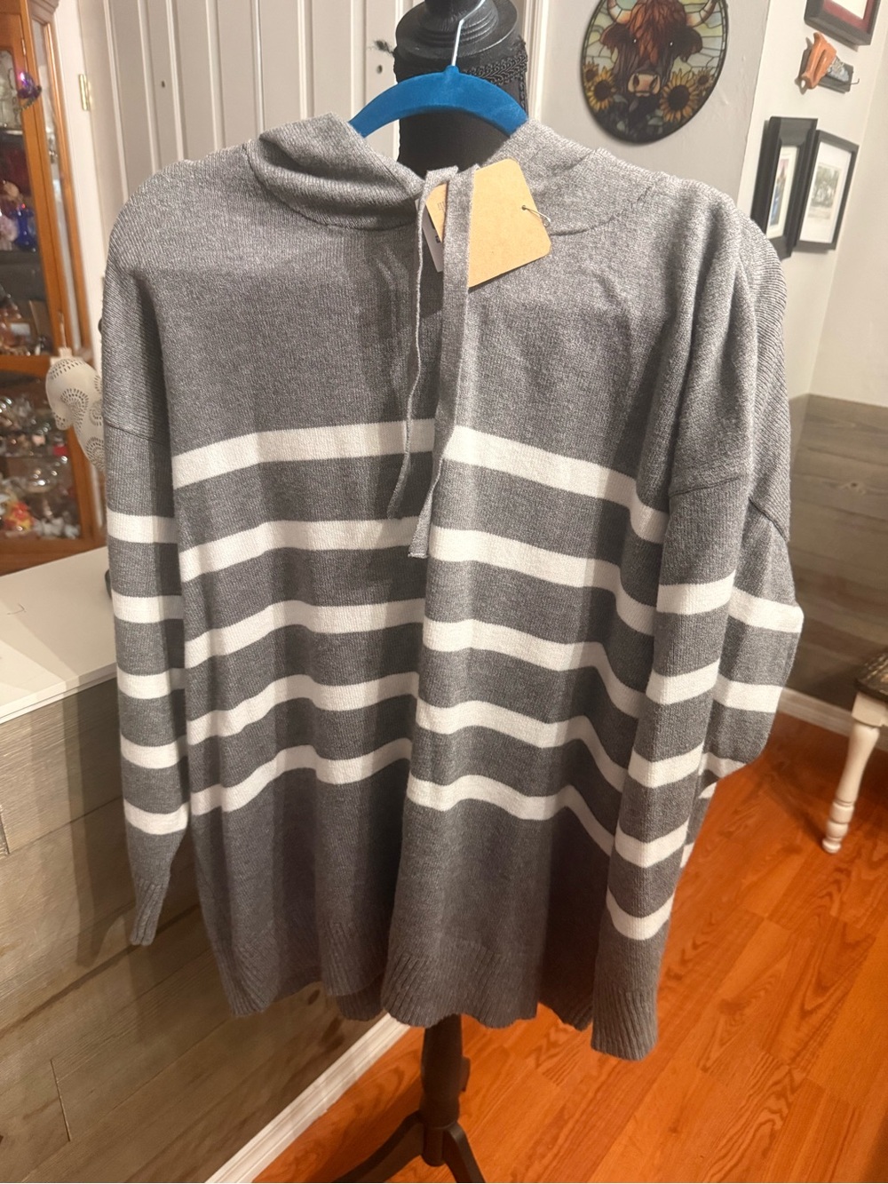 Womens  Gray Striped Hooded Sweater